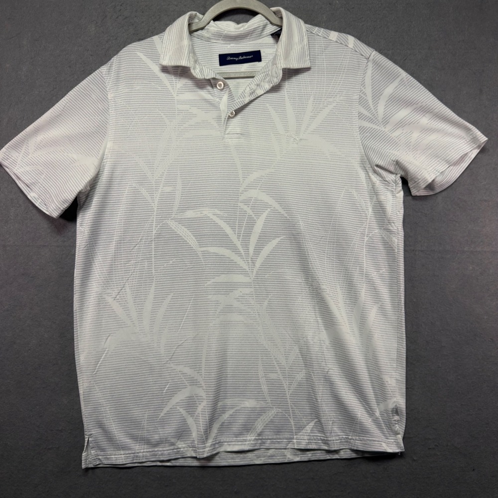Tommy Bahama Mens Pima Cotton Blend Tropical Leaf Stripe Polo Shirt White Gray M